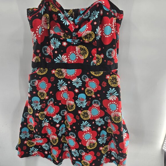 Retro Rockabilly Black Red Blue Flowers V-Neck Fit and Flare Dress Large - Picture 2 of 8